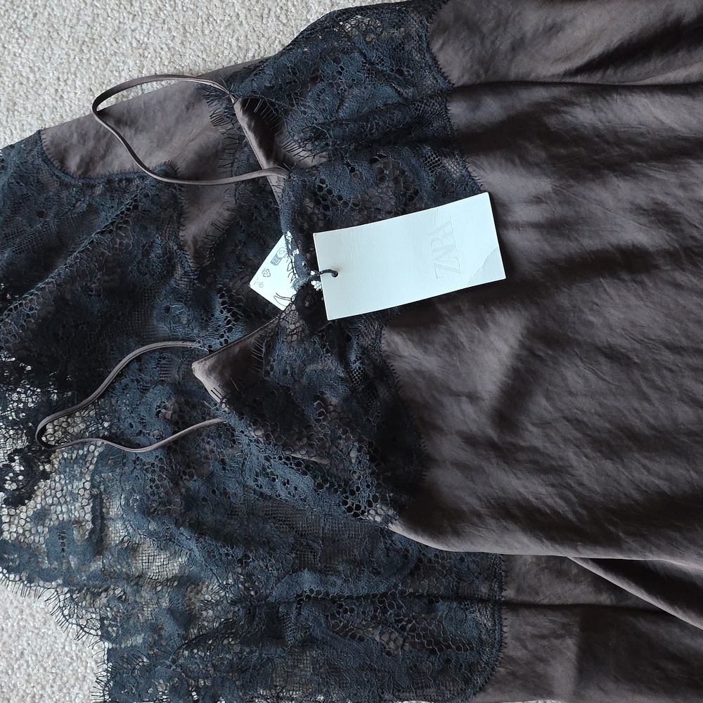 Zara ASYMMETRIC SATIN LACE DRESS Brown Black Size XS S NWT - Picture 16 of 16
